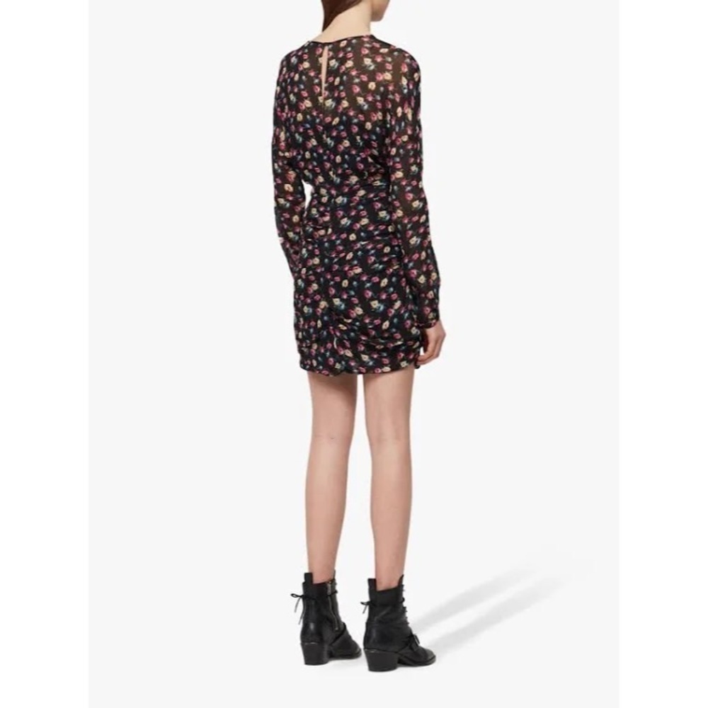 All Saints Allsaints Floral Rylie Kukio Shirred Long Sleeve Mini Dress EUC Sz 4 - Picture 3 of 12